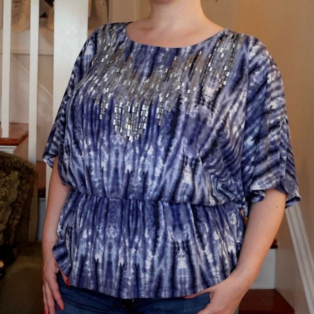 Miss Tina Blue White Tie Dye Short Sleeve Top Large Silver Embellishment Flowy
